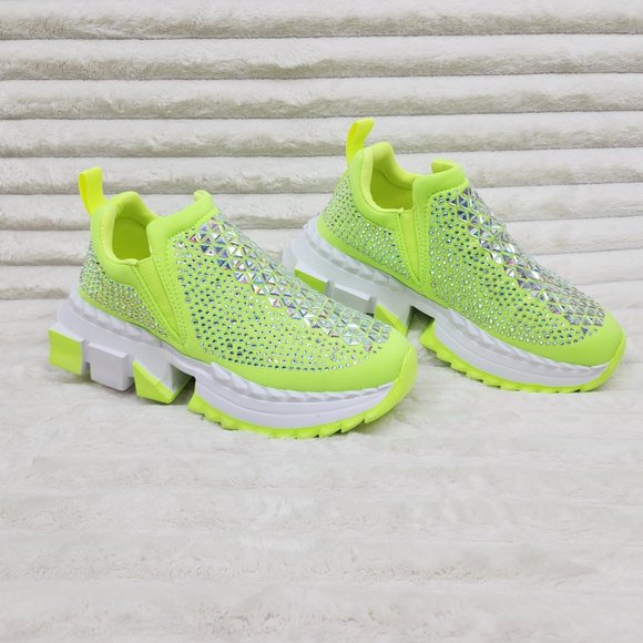 Presto Light Weight Slip on Neon Yellow Rhinestone Sneakers - Running Shoes J - Picture 9 of 14